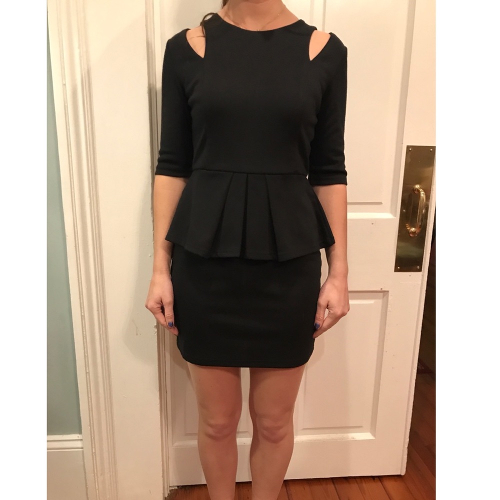 Black, peplum, cut out collar bone dress